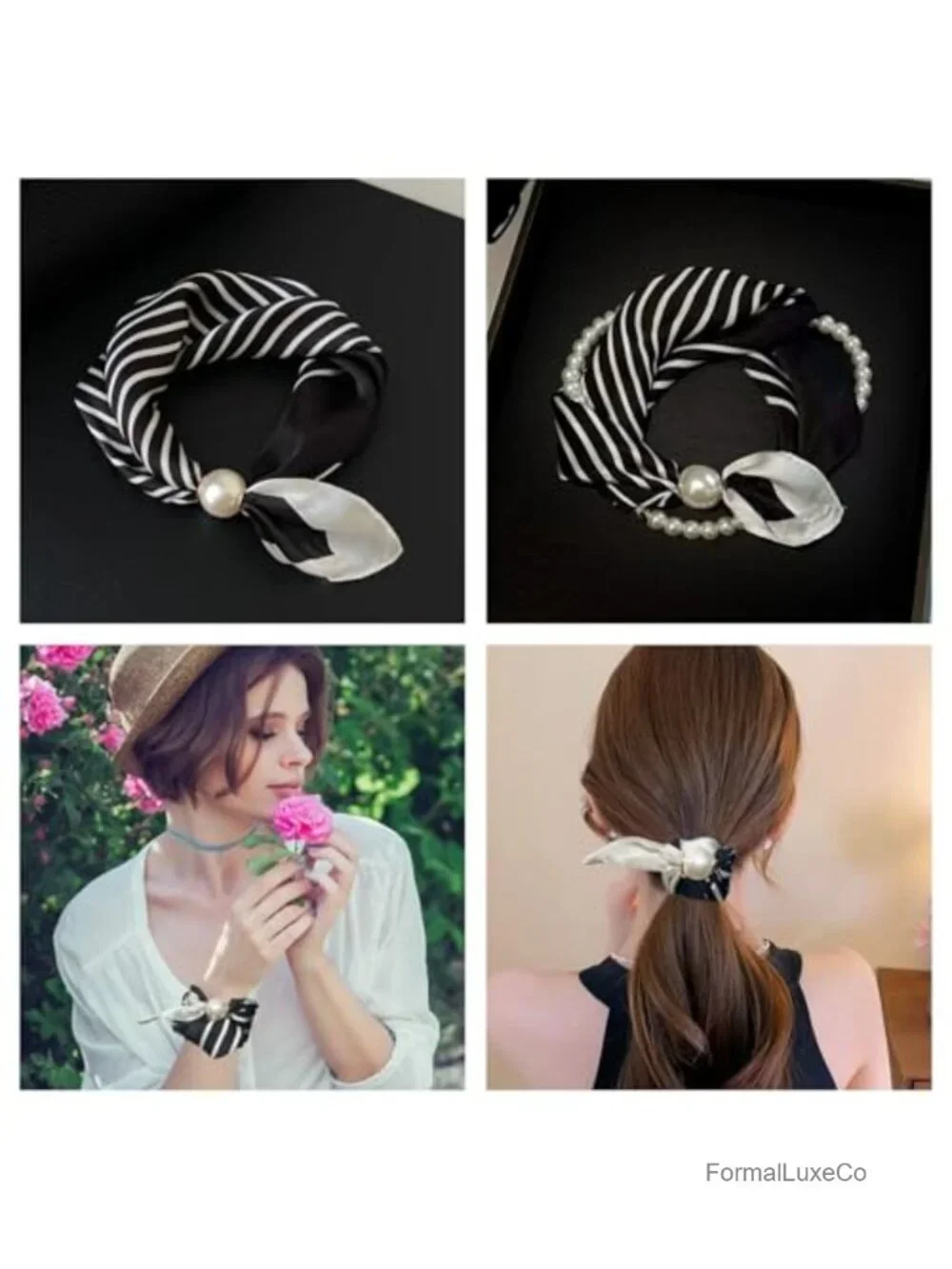 Magnetic Pearl Satin Scarf, Classic Printing, Fashion Neck Tie Hair Bandana